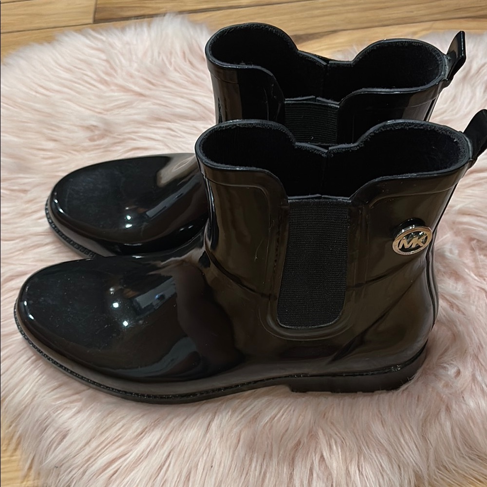 Michael Kors Black Patent Leather ankle rain boots.